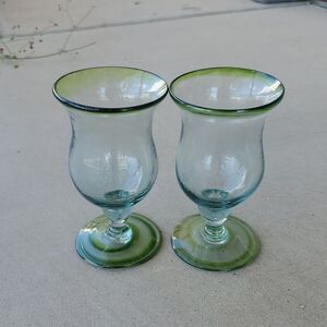 Hand Blown Mexican Glass Goblets Emerald Green Rim Bolero Set of 2 VTG Jalisco